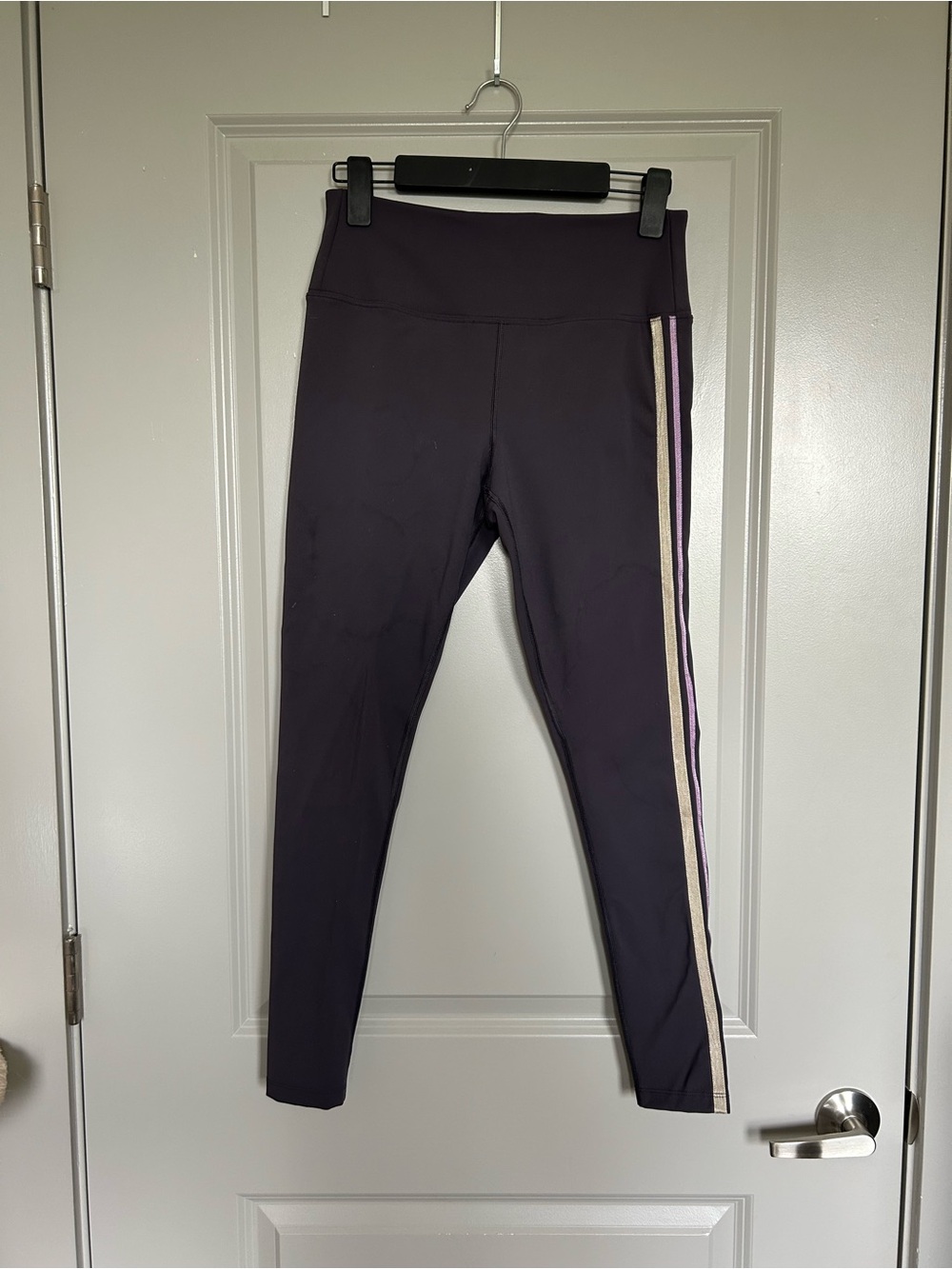 FP Movement by Free People Purple Leggings with Cream & Pink Side Stripes